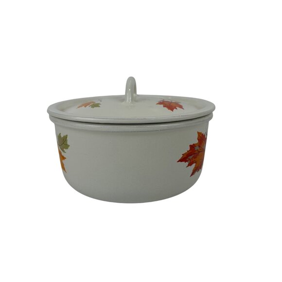 Vintage Descoware Belgium White Enamelware Saucepan With Lid Autumn Leaf Design - Picture 4 of 10